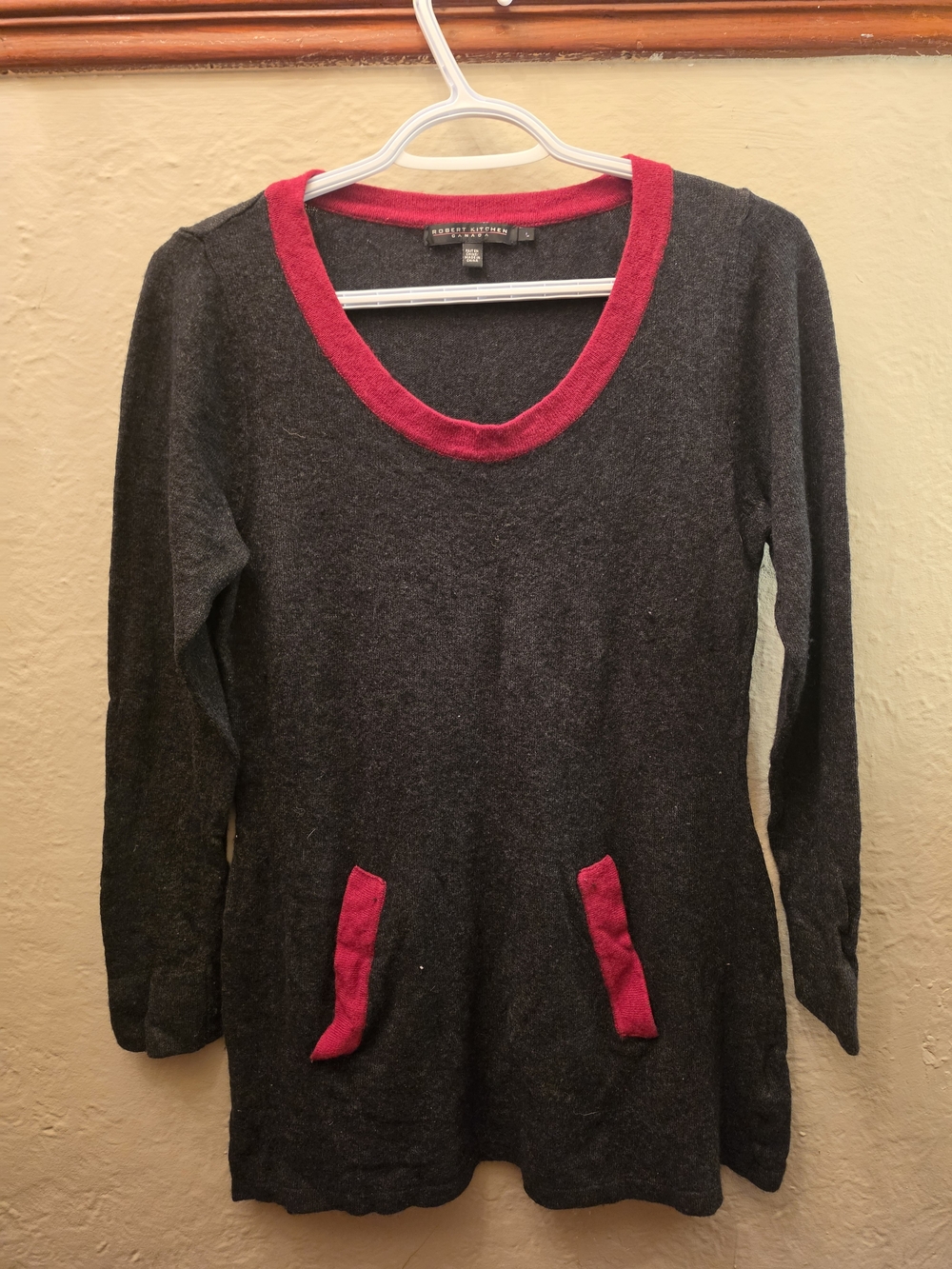 Robert Kitchen Black Wool Cashmere Angora Blend Tunic Sweater Red Trim L